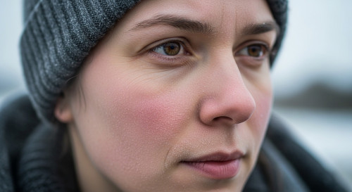 Обветренное лицо женщины на морозе