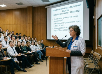 Врач читает студентам лекцию о профилактике рака молочной железы